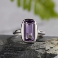 Elegant S925 sterling silver ring featuring a large rectangular emerald-cut purple gemstone - Amethyst Emerald Cut Style (LR279)