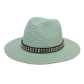 Close-up of mint green straw hat with black leather band and silver metal rivets - M (56-58cm) / Mint Green