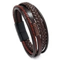 Mehrlagiges geflochtenes Lederarmband für Herren in Dunkelbraun mit schwarzem Metallverschluss - 20.5CM / Braunes Leder Schwarzer Verschluss