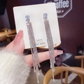 Elegant S925 silver needle earrings with long rhinestone tassels and square crystal studs - Square Clear Spar Multi-Strand Rhinestone Tassel Earrings (E0227)