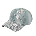 Light blue denim baseball cap with rhinestone chains and floral accents in a side view - L (58-60cm) / Light Blue-Green