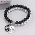 Magnetic couples bracelets with black matte beads and white marble stones in Tai Chi style - Matte Black & White Marble - Tai Chi Pendant