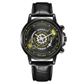 Men's fashion quartz watch with black leather strap and yellow accents on a mechanical dial - Black Leather Yellow Face
