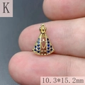 Detailed view of gold Virgin Mary pendant with blue zircons and crown, size 10.3x15.2mm - Style K