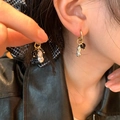 New Chinese style vintage crystal beaded peanut pendant earrings with gold hoop and black bead - Peanut Hoop Earrings / Gold with Black