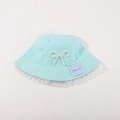 Light blue children bucket hat with pearl bow, white lace trim and plaid patch detail - CM8005 Pearl Lace Series / Lake Blue