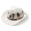 Detail of white straw cowboy hat featuring feathers, woven band and metal disc charms - White