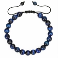 Macro shot of blue tiger eye beads and black adjustable braided cord of the stone bracelet - Blue Tiger Eye (Style 05)