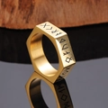 Hexagonal gold titanium steel Viking Rune ring on a black reflective surface - US 7 / Gold