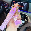 Purple unicorn liquid glitter keychain with bubble tea design and leather wristlet strap - Purple-Milk Box Unicorn