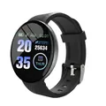 Close-up of smart fitness tracker with digital display showing steps and black silicone strap - Black