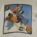 Square silk-like scarf with orange floral pattern and navy blue border contrast - Milan Red Floral Small Square Scarf / 65