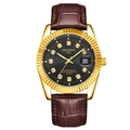 Montre à quartz pour hommes avec lunette dorée, cadran noir et bracelet en cuir brun - Bracelet Marron Boîtier Or Cadran Noir Homme