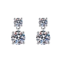 Silver drop earrings with two round moissanite stones in a secure four-prong setting - TED334-Double Round Drop Studs