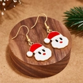 Festive Santa Claus enamel dangle earrings on a wooden base with pine branch decor - Santa Claus with White Bag Style (E00905G)