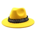 Detail of yellow wool felt fedora featuring a textured black and white woven band accessory - M (56-58cm) / Yellow