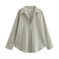 Detailed close-up of green and white vertical striped poplin shirt with classic collar - Green and White Striped