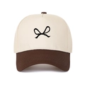 Close-up of bow embroidery on two-tone cotton twill vintage five-panel baseball cap - Adjustable / Coffee