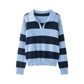 Detail view of the ribbed cuffs and blue striped knit fabric of the polo sweater - S / Dark Blue