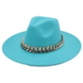 Detailed close-up of blue wool fedora hat with a bold chunky gold chain accessory - Adult (57-60cm) / Lake Blue
