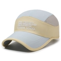 Detail of breathable grey mesh and white embroidery on a light blue quick-dry sun hat - Beige with Blue
