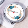 Silver folding compact mirror with I Love You floral engraving and metal finish - Handwritten I Love You