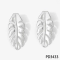 Orecchini a foglia in acciaio inossidabile argento lucido dal design retrò minimalista - Orecchini a foglia cava argentati (PD3433)