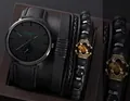 Men's black quartz watch set with woven leather and tiger eye beaded crown bracelets - ECONOMICXI Black Dial Black Strap Set E112 (Watch And Bracelets)
