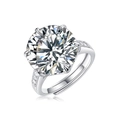 Elegant six-prong moissanite ring with silver finish and pavé diamond band - Adjustable Open / Luxury Six-Prong Round Style (R11514-140mm/ 10 Carats)