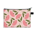 Floral print cosmetic bag in pink with green leaf pattern and black zipper handle - Pink Floral
