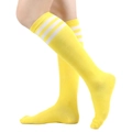 Yellow knee-high socks with three white stripes in a sporty athletic college style - One Size / Yellow/White Stripes