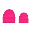 Detail of rose pink ribbed knit beanies in adult and child sizes for parent-child matching - Rose Red