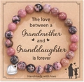 Pink and black natural stone beaded friendship bracelet with a silver heart pendant on card - Rhodonite + Grandmother and Granddaughter Card