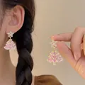 Handmade beaded Christmas tree earrings with pink crystals and golden finish details - Pink Christmas Tree-Silver Pin / Stud Earrings