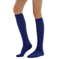 Blue knee-high knitted socks with ribbed cuffs shown on model for a perfect fit - One Size / Sapphire Blue
