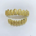 Hiphop gold plated copper grillz set with sparkling CZ stones for top and bottom teeth - 8-Teeth Full Set (with Molding Bar) / Gold Zircon