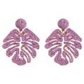 Bohemian style purple monstera leaf earrings with woven raffia and gold metal frame - Purple Monstera Leaf Shaped Woven Earrings