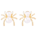 Vintage style gold spider earrings with white pearls, minimalist white background view - Gold
