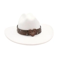 White felt cowboy hat featuring a brown leather-style band with a crystal heart buckle - White