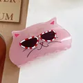 Pink cartoon cat hair claw clip with sunglasses design made of acetate material - Light Pink Cat