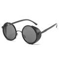 Matte black steampunk round sunglasses with vintage leather side shields for a retro look - Black Frame Grey Lens