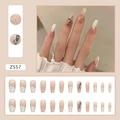 Long coffin press-on nails with creamy white marble finish and 3D silver rose accents - Metallic Rose (Z557)