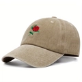 Berretto da baseball vintage kaki con ricamo di rosa rossa e visiera curva unisex - Regolabile / Cachi