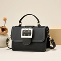 Black PU leather crossbody bag with white contrast stitching and gold buckle - Black