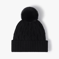 Winter black cable knit beanie for women featuring a fluffy faux fur pompom and ribbed cuff - One Size(Adjustable) / Black