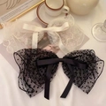 French style polka dot mesh hair clips set in black and off-white colors - Black With Bow