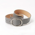 Gray PU leather belt with silver oval buckle and white stitching for women - Dark Gray