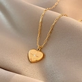 Golden titanium steel heart pendant necklace featuring zircon stone on paperclip chain - Titanium Steel Gold Style (X529)