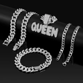 Silbernes Panzerketten-Set mit QUEEN-Anhänger und Strasssteinen auf schwarzem Grund - 50CM Halskette+50CM Halskette+18CM Armband / Silber