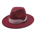 Detailed shot of burgundy wool fedora hat with pink satin band and rhinestone buckle - Burgundy